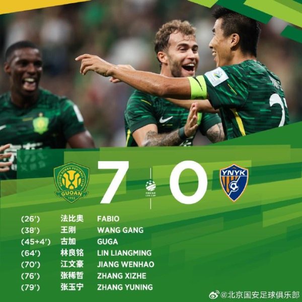 K线猎手 多点开花！北京国安7人完成进球，最终7-0大胜云南玉昆