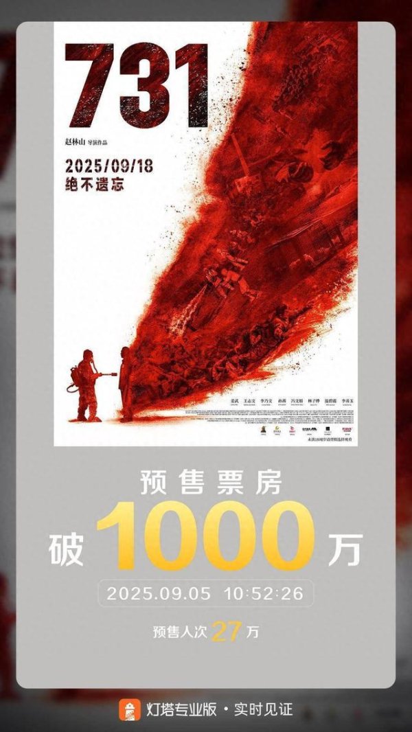 同翔网 电影《731》预售票房破1000万